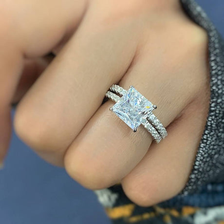 Model Wearing Half Eternity Ring, Solitaire with Side Stones Ring