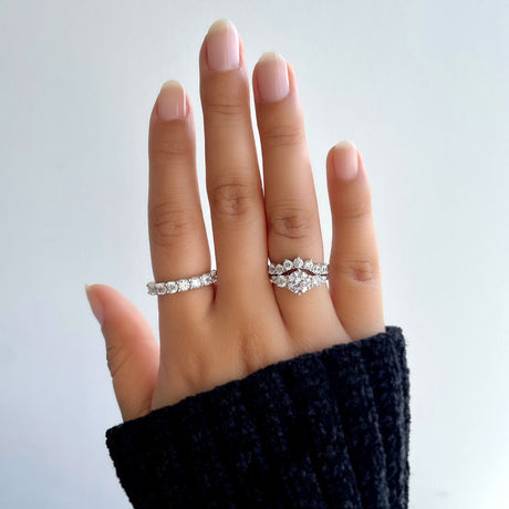 Image Contain: Model Wearing 5-Stone Ring, 7-Stone Curved Half Eternity Ring, Eternity Ring