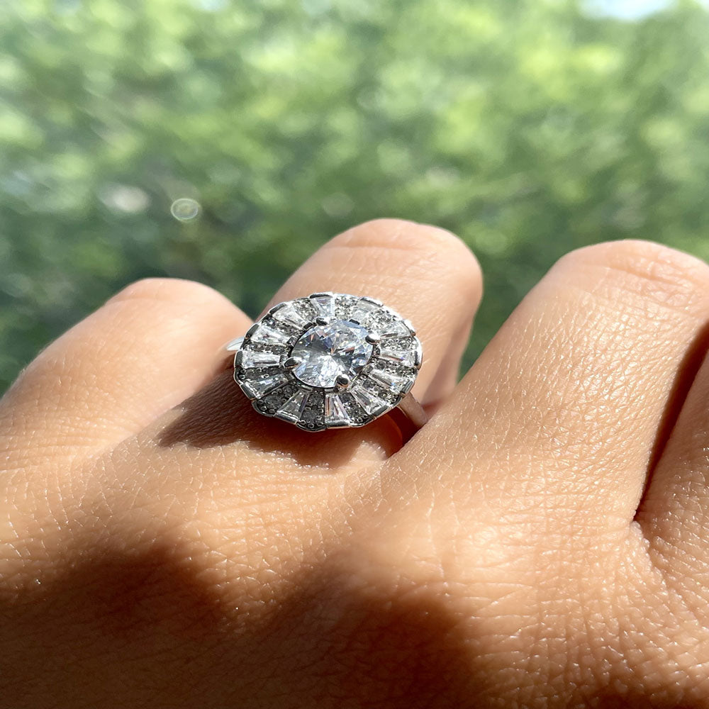 Silver Halo Art Deco Oval Cut CZ Wedding Engagement Ring