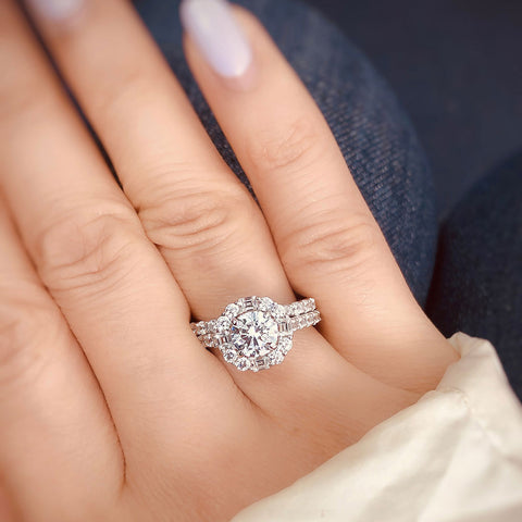 Image Contain: Model Wearing Half Eternity Ring, Halo Ring