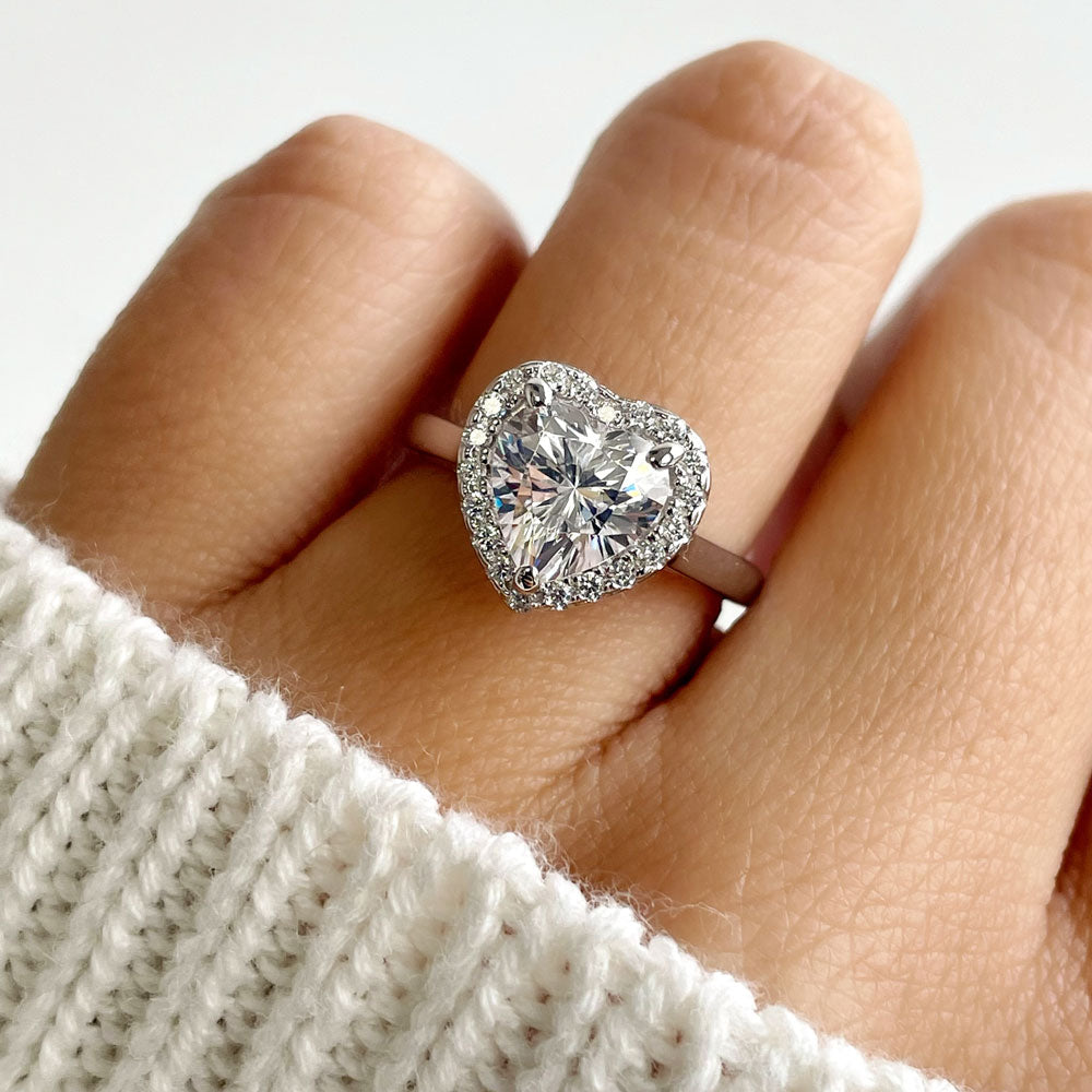 Sterling Silver Halo Heart Heart CZ Engagement Ring Set #VR468-01