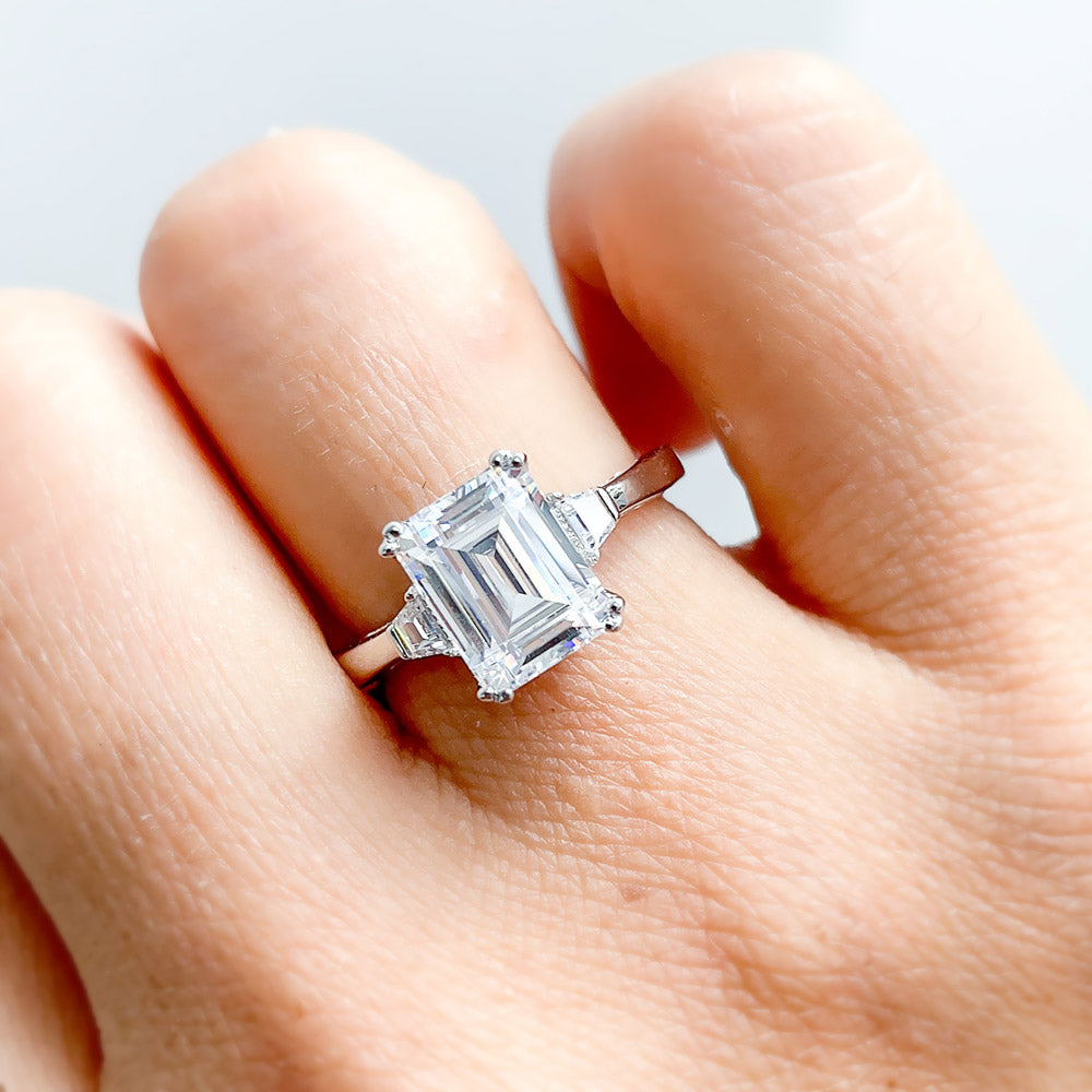 Silver 3-Stone 2.6ct Emerald Cut CZ Wedding Engagement Ring