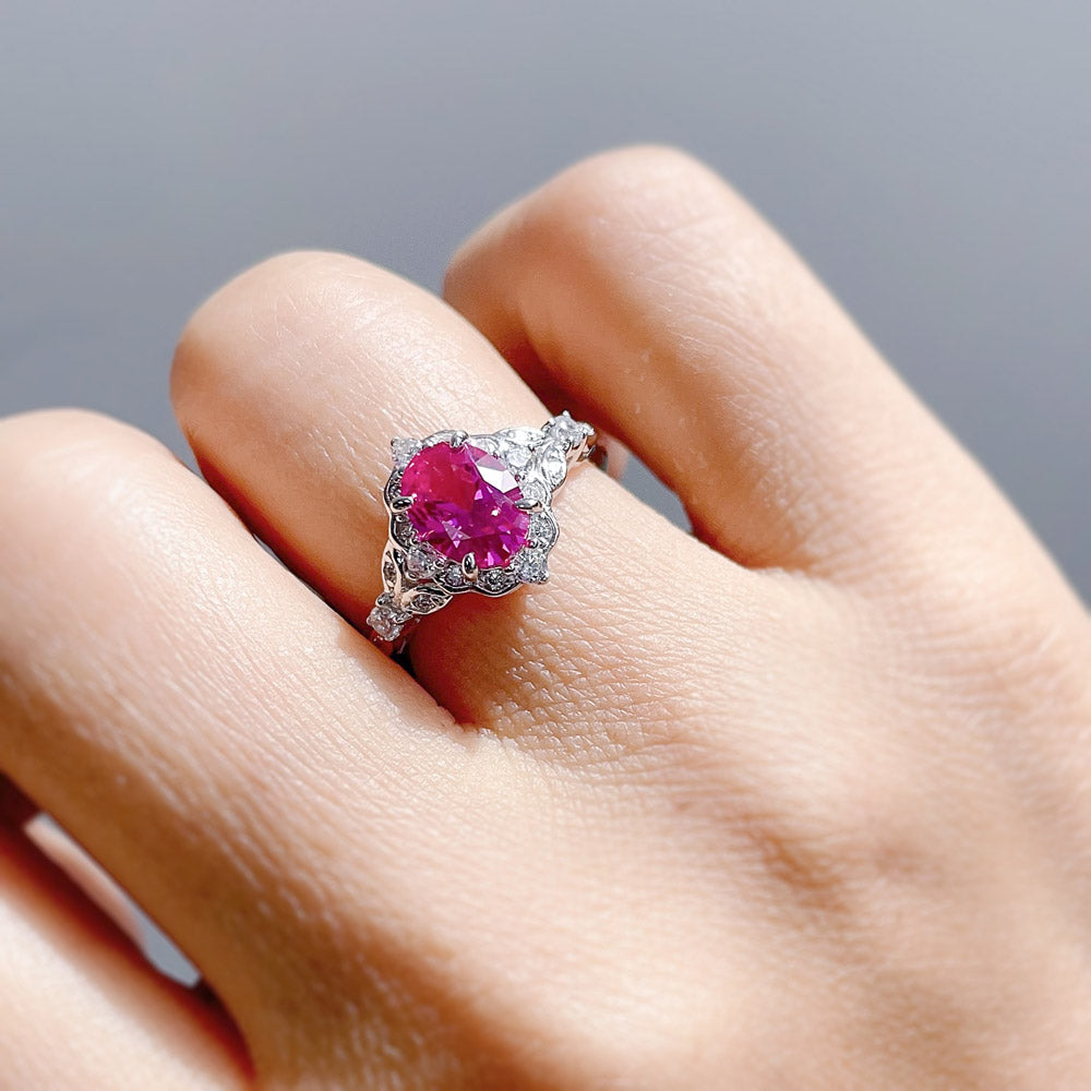 Model wearing Halo Art Deco Pink Oval CZ Ring in Sterling Silver, 6 of 11