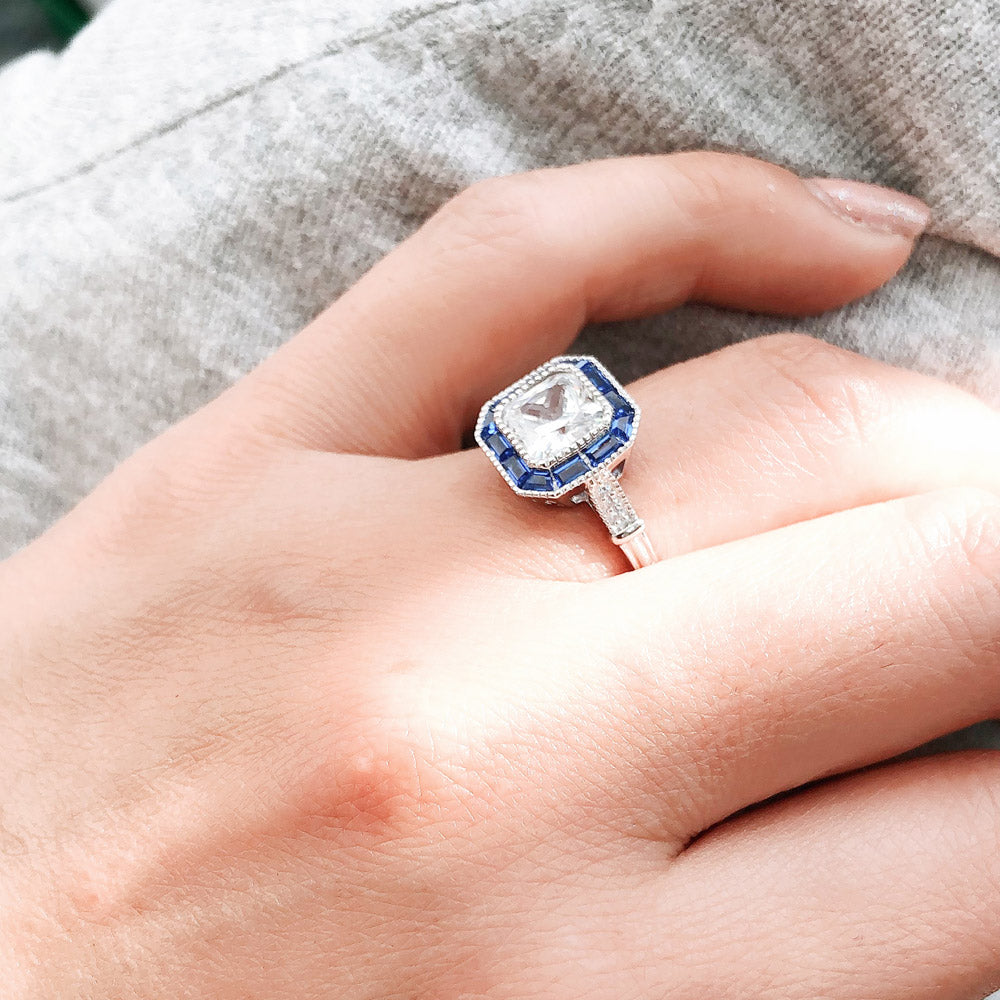 Silver Halo Art Deco Princess Cubic Zirconia CZ Fashion Ring