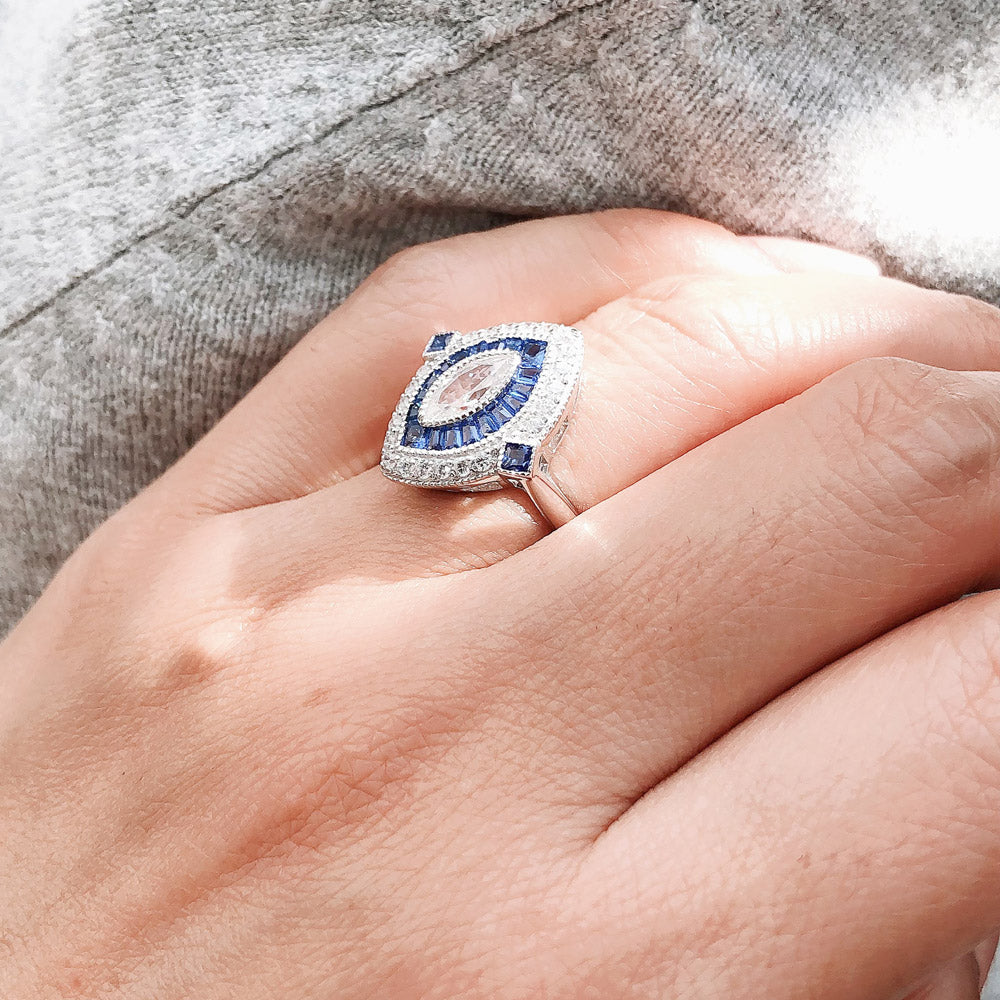 Silver Vintage Inspired Art Deco Milgrain CZ Cocktail Ring