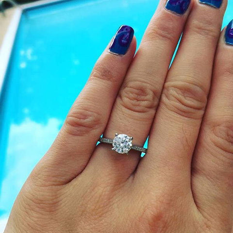 Model Wearing 3-Stone Ring Style R1593-01, Wishbone Curved Half Eternity Ring Style R1451-B