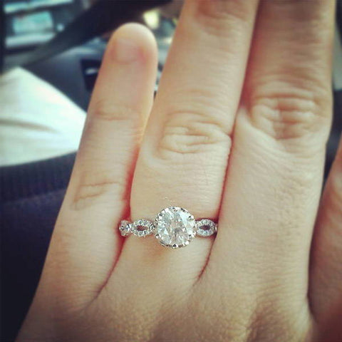 Model Wearing 3-Stone Ring Style R1593-01, Wishbone Curved Half Eternity Ring Style R1451-B