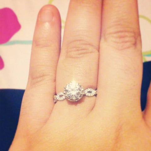 Model Wearing 3-Stone Ring Style R1593-01, Wishbone Curved Half Eternity Ring Style R1451-B