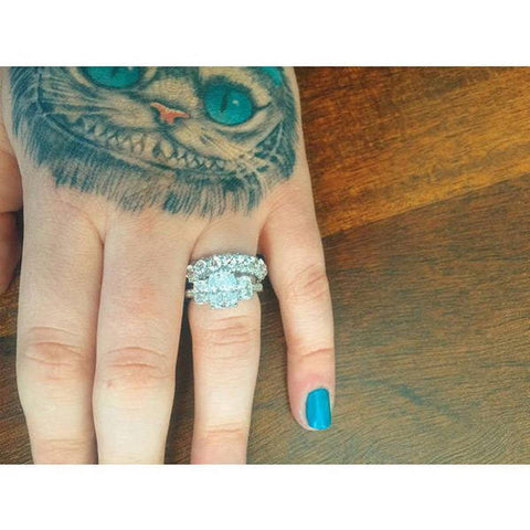 Model Wearing 3-Stone Ring Style R1593-01, Wishbone Curved Half Eternity Ring Style R1451-B