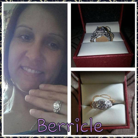 Model Wearing 3-Stone Ring Style R1593-01, Wishbone Curved Half Eternity Ring Style R1451-B
