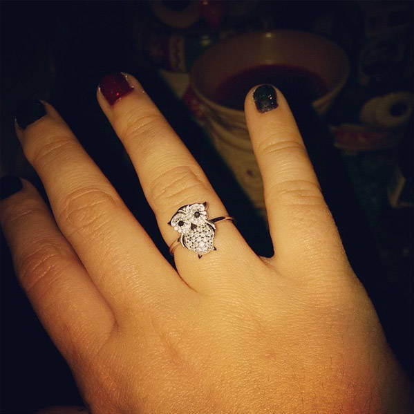 Model Wearing 3-Stone Ring Style R1593-01, Wishbone Curved Half Eternity Ring Style R1451-B