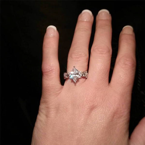 Model Wearing 3-Stone Ring Style R1593-01, Wishbone Curved Half Eternity Ring Style R1451-B