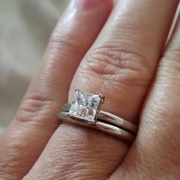 Model Wearing 3-Stone Ring Style R1593-01, Wishbone Curved Half Eternity Ring Style R1451-B