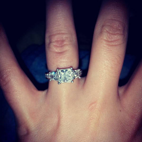 Model Wearing 3-Stone Ring Style R1593-01, Wishbone Curved Half Eternity Ring Style R1451-B