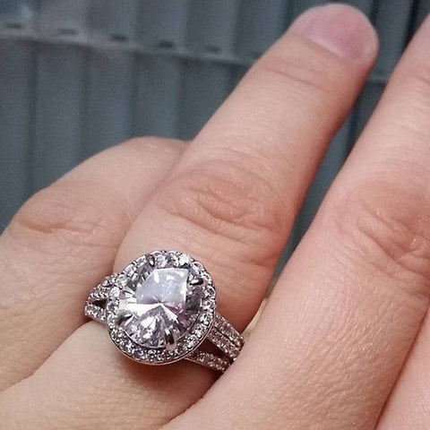 Model Wearing 3-Stone Ring Style R1593-01, Wishbone Curved Half Eternity Ring Style R1451-B