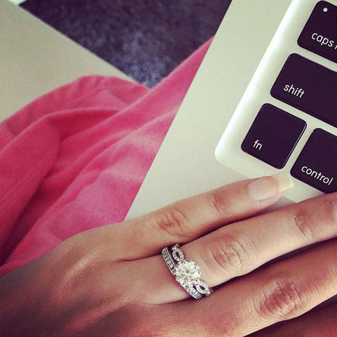 Model Wearing 3-Stone Ring Style R1593-01, Wishbone Curved Half Eternity Ring Style R1451-B