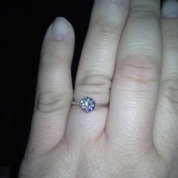 Model Wearing 3-Stone Ring Style R1593-01, Wishbone Curved Half Eternity Ring Style R1451-B