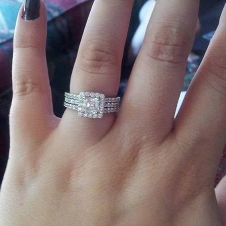 Model Wearing 3-Stone Ring Style R1593-01, Wishbone Curved Half Eternity Ring Style R1451-B