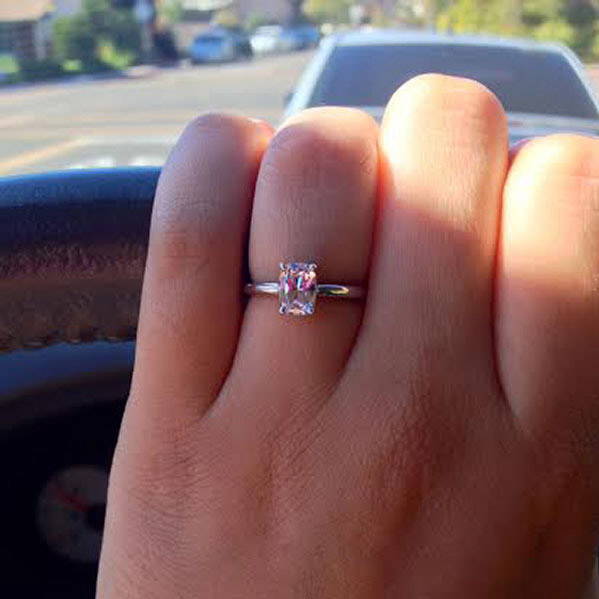 Model Wearing 3-Stone Ring Style R1593-01, Wishbone Curved Half Eternity Ring Style R1451-B