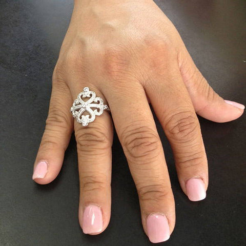 Model Wearing 3-Stone Ring Style R1593-01, Wishbone Curved Half Eternity Ring Style R1451-B