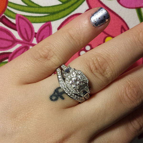 Image Contain: Model Wearing Curved Half Eternity Ring, Halo Ring