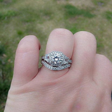 Image Contain: Model Wearing Curved Half Eternity Ring, Halo Ring