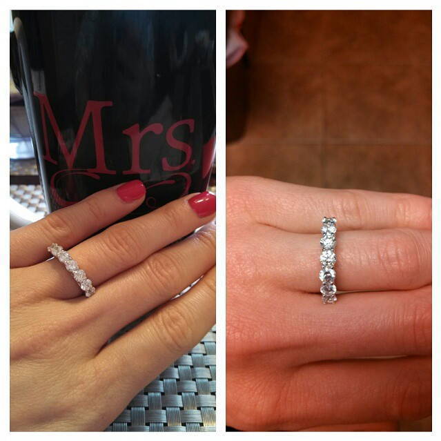 Model Wearing 3-Stone Ring Style R1593-01, Wishbone Curved Half Eternity Ring Style R1451-B