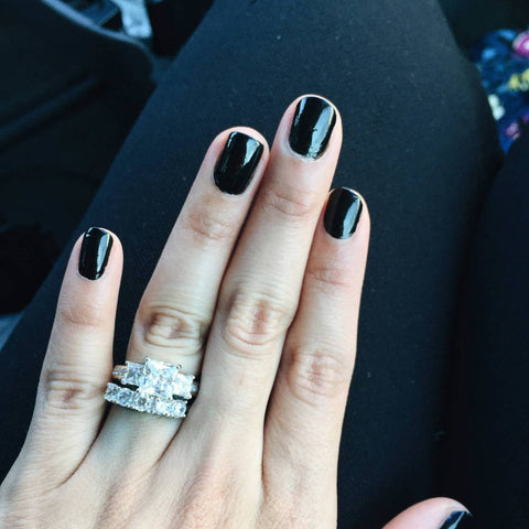 Model Wearing 3-Stone Ring Style R1593-01, Wishbone Curved Half Eternity Ring Style R1451-B