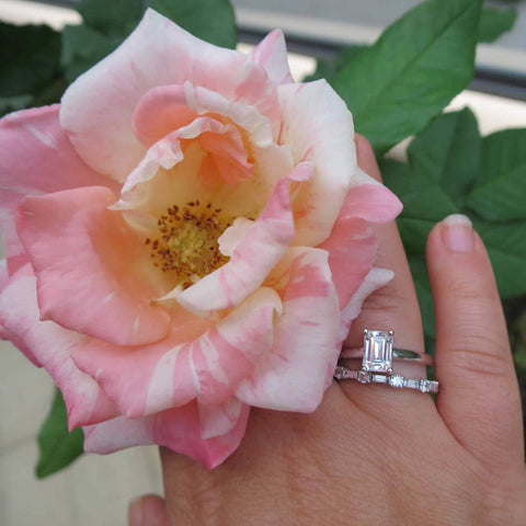 Model Wearing 3-Stone Ring Style R1593-01, Wishbone Curved Half Eternity Ring Style R1451-B