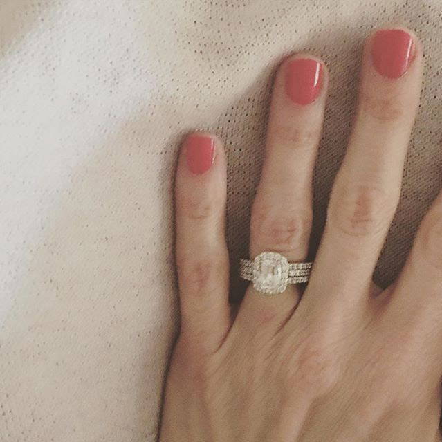 Model Wearing 3-Stone Ring Style R1593-01, Wishbone Curved Half Eternity Ring Style R1451-B