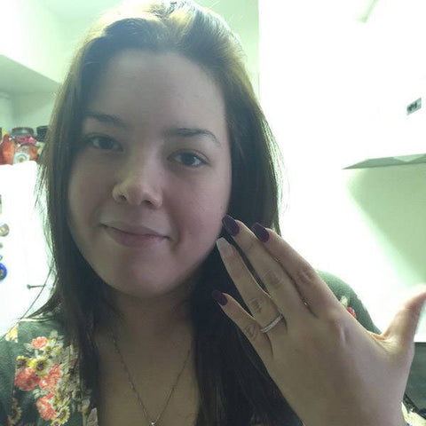 Model Wearing 3-Stone Ring Style R1593-01, Wishbone Curved Half Eternity Ring Style R1451-B