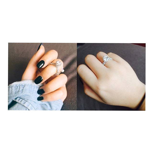Model Wearing 3-Stone Ring Style R1593-01, Wishbone Curved Half Eternity Ring Style R1451-B