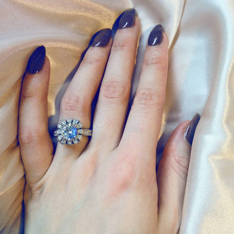 Model Wearing 3-Stone Ring Style R1593-01, Wishbone Curved Half Eternity Ring Style R1451-B