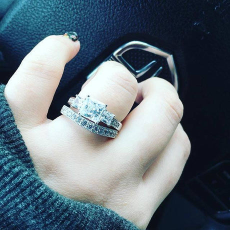 Model Wearing 3-Stone Ring, Curved Half Eternity Ring