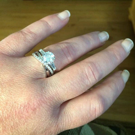 Model Wearing 3-Stone Ring, Infinity Ring