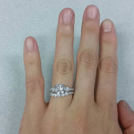 Model Wearing 3-Stone Ring, 5-Stone Curved Half Eternity Ring