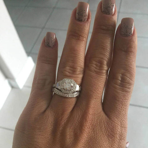 Image Contain: Model Wearing Curved Half Eternity Ring, Halo Ring