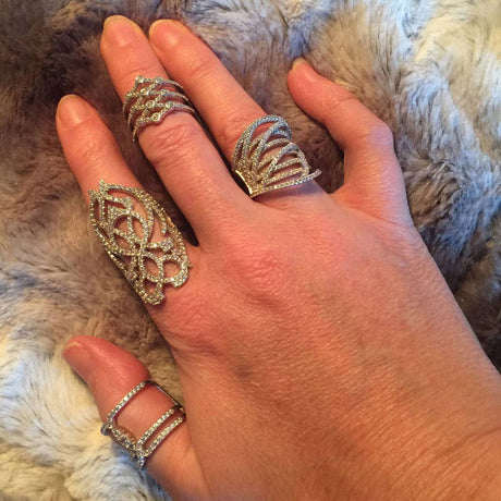 Model Wearing Filigree Armor Knuckle Ring, Open Bar Ring, Woven Ring