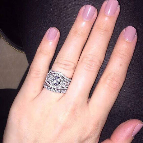 Model Wearing 3-Stone Ring, Eternity Ring, Wishbone Curved Half Eternity Ring
