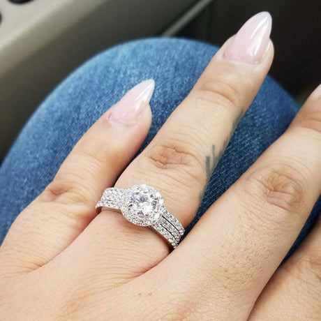 Model Wearing Half Eternity Ring, Halo Ring