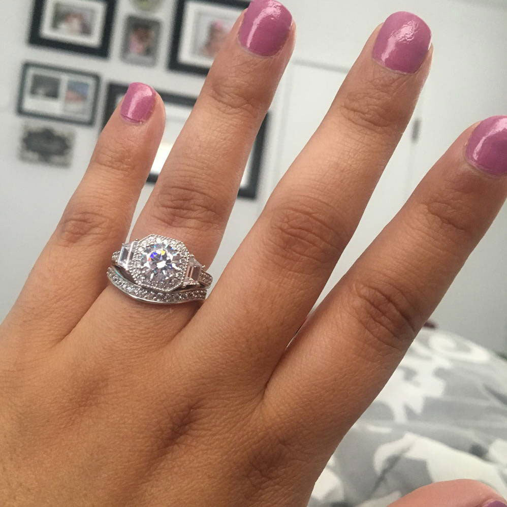 Image Contain: Model Wearing Curved Half Eternity Ring, Halo Ring