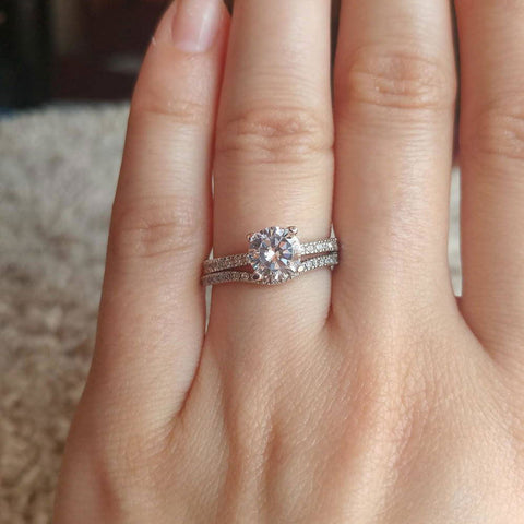 Image Contain: Model Wearing Solitaire with Side Stones Ring, Wishbone Curved Half Eternity Ring