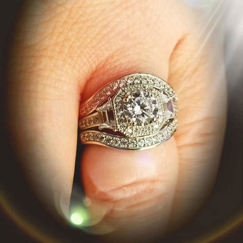 Image Contain: Model Wearing Curved Half Eternity Ring, Halo Ring