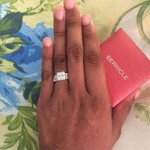 Model Wearing Half Eternity Ring Style R998-B, Solitaire Ring Style R981-01