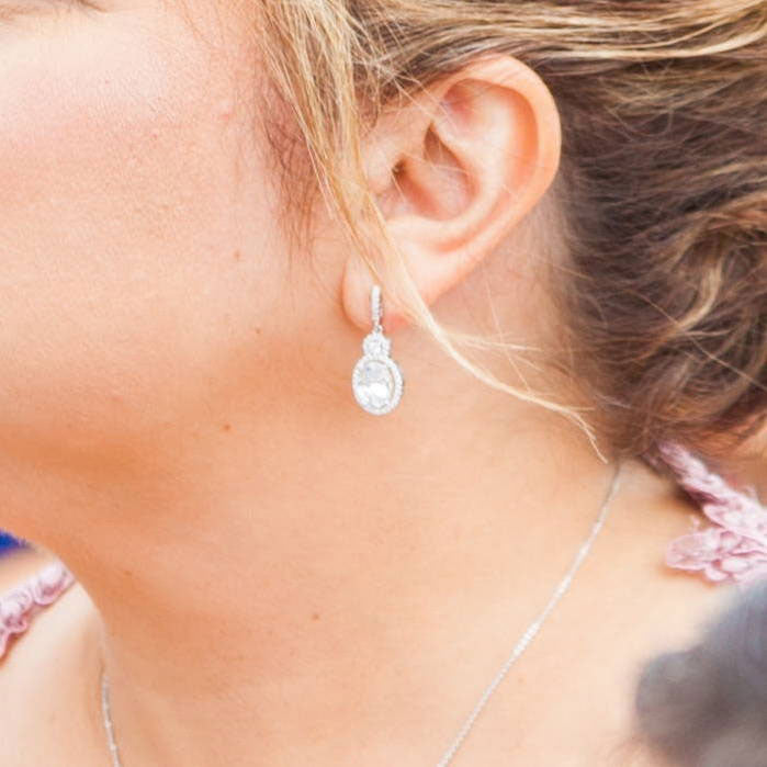 Model Wearing Halo Dangle Earrings Style E978-Z