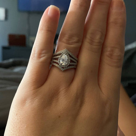 Model Wearing Split Shank Ring, Wishbone Curved Eternity Ring