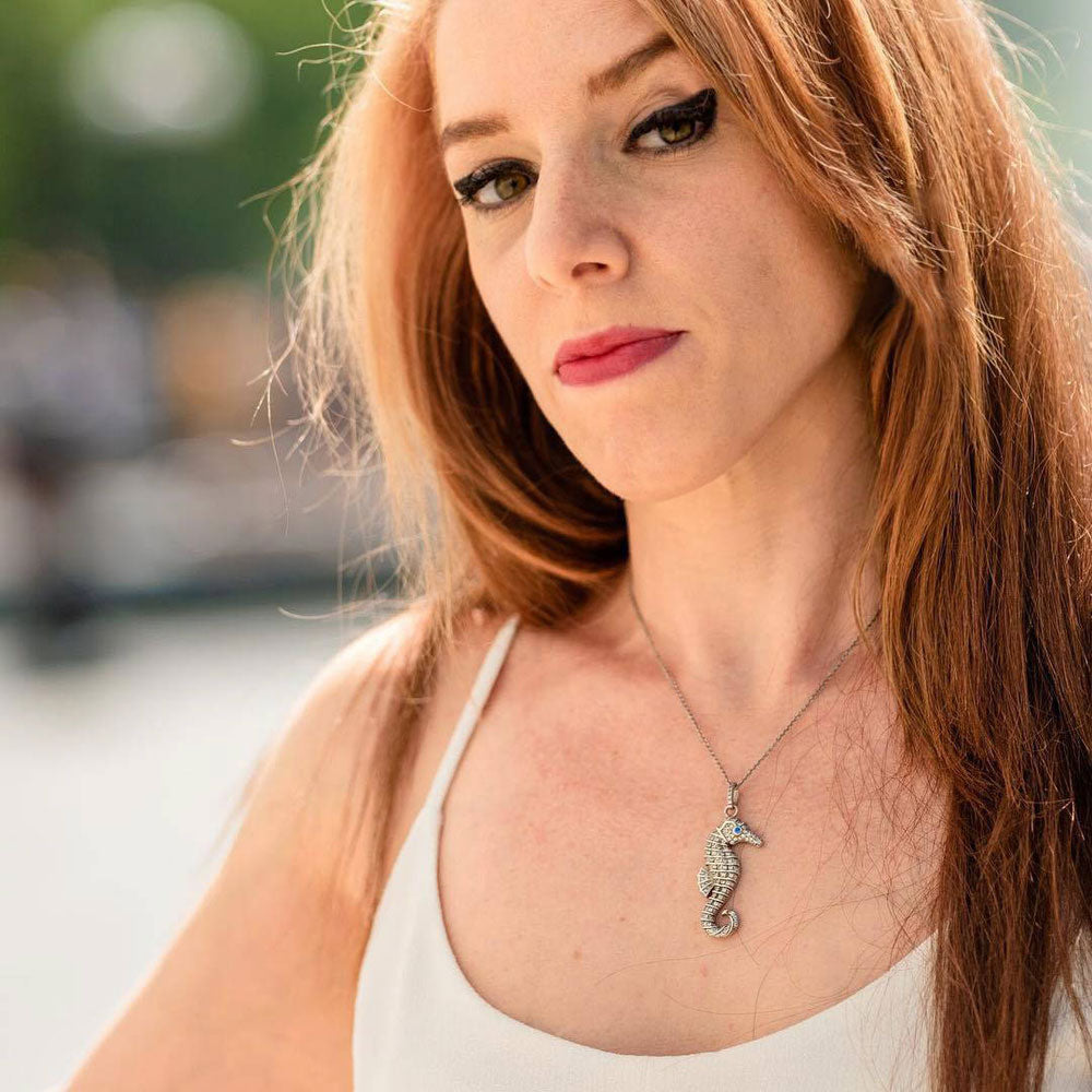 Model Wearing Seahorse Pendant Necklace Style N1538-01