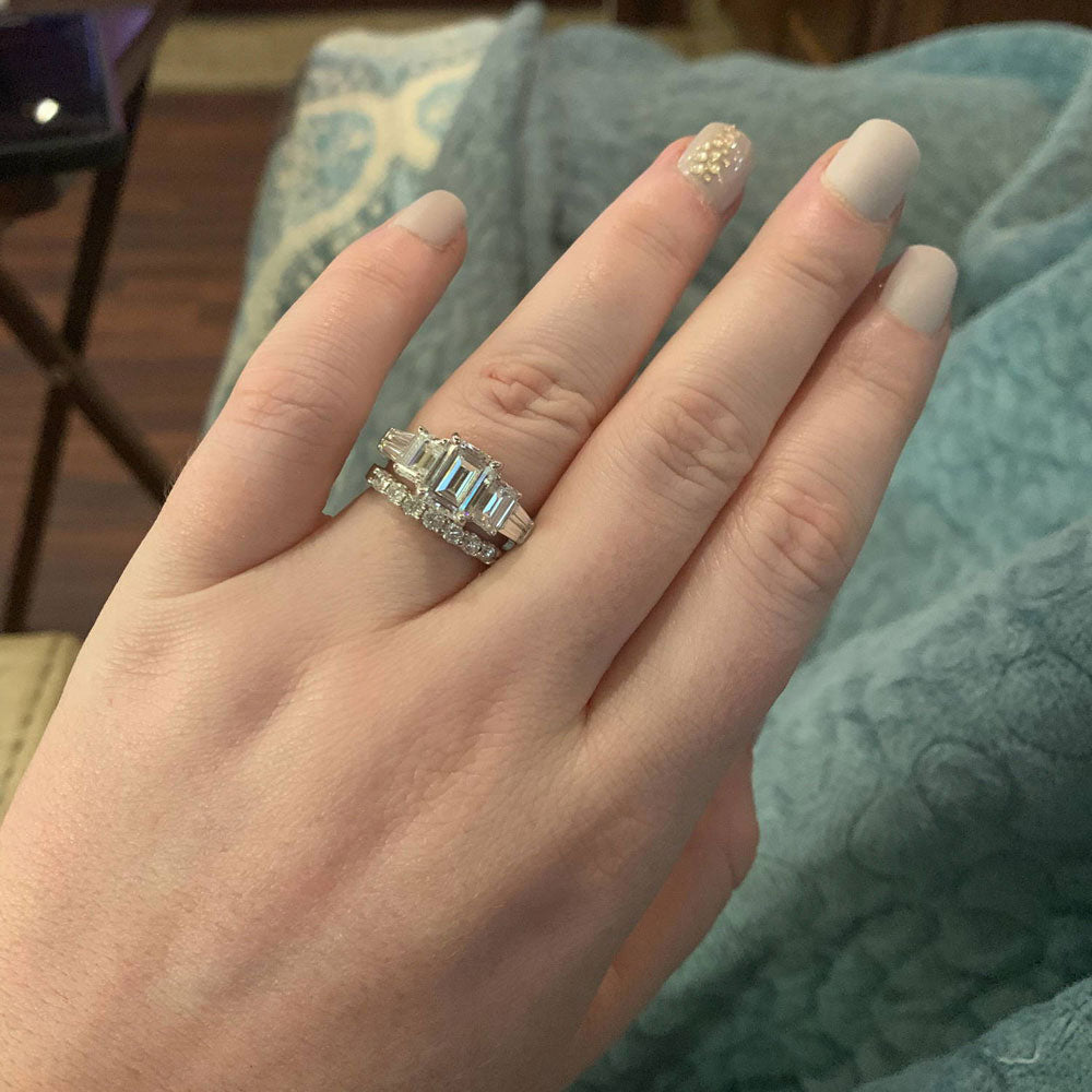 Image Contain: Model Wearing 3-Stone Ring, Eternity Ring