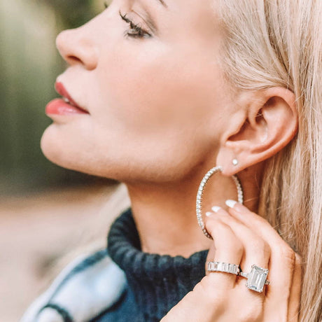 Image Contain: Model Wearing Half Eternity Ring, Solitaire with Side Stones Ring