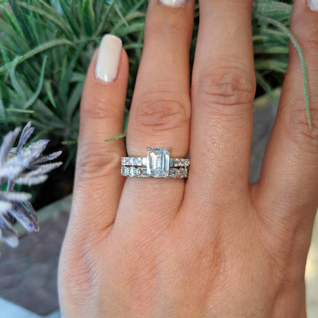 Image Contain: Model Wearing Art Deco Half Eternity Ring, Solitaire with Side Stones Ring